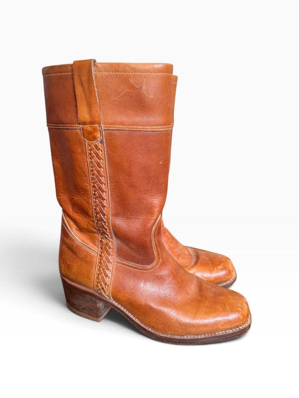 Vintage Tan Leather Braided Side Campus Boots